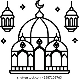 Black and white mosque with crescent and lanterns, symbolizing Ramadan.