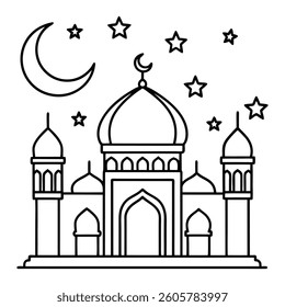 Black and White Mosque With Crescent Moon and Stars for Coloring