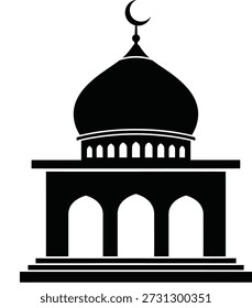 Ilustração de mesquita em preto e branco com lua crescente no topo