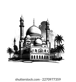 Black and white mosque illustration vector