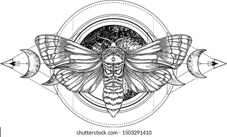 Black and white moth over sacred geometry sign, isolated vector illustration. Tattoo flash. Mystical symbols and insects. Alchemy, occultism, spirituality, coloring book. Hand-drawn vintage.