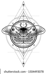 Black and white moth over sacred geometry sign, isolated vector illustration. Tattoo flash. Mystical symbols and insects. Alchemy, occultism, spirituality, coloring book. Hand-drawn vintage.