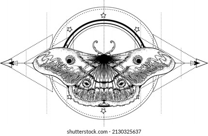 Black and white moth over sacred geometry sign, isolated vector illustration. Tattoo flash. Mystical symbols and insects. Alchemy, occultism, spirituality, coloring book. Hand-drawn vintage.