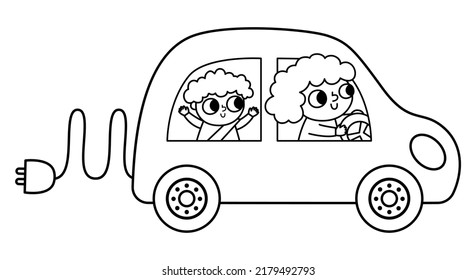 Black and white mother and baby driving electro car. Alternative transport line concept. Earth day illustration with family on ecological transportation. Emission reduce icon or coloring page
