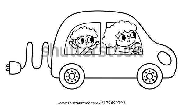 Black and white mother and baby driving electro\
car. Alternative transport line concept. Earth day illustration\
with family on ecological transportation. Emission reduce icon or\
coloring page\
