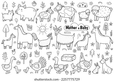 Black and white mother and baby farm animals set. Cute coloring page with sheep, pig, cow, duck, horse, hen, goat, donkey moms and their babies. Mother Day outline bundle. Vector illustration