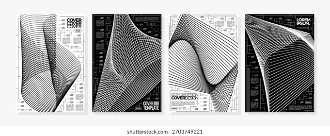 Conjunto de capa abstrata de efeito de linha de movimento preto e branco