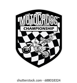 black and white motocross rider badge logo design vector illustration