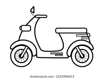 Black and white motorbike in cartoon style. Doodle motocycle vehicle in outline. Great for coloring page, prints. Vector illustration