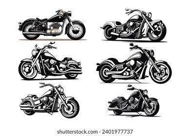 Black and white motorbike silhouette, reaching mike set vector, cruser 