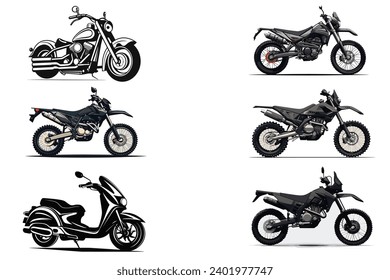 Black and white motorbike silhouette, reaching mike set vector, cruser 