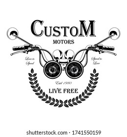 Black and white motorcycle emblem with the image of a motorcycle steering wheel. Design elements for print. Vector image on a white background.