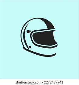 Casco de motocicleta blanco y negro con estilo vectorial, ilustración gráfica en diseño plano, logotipo de casco fondo azul claro