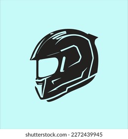 Casco de motocicleta blanco y negro con estilo vectorial, ilustración gráfica en diseño plano, logotipo de casco fondo azul claro