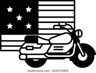A black and white motorcycle is parked next to a flag. The flag is red, white, and blue with stars. The motorcycle is positioned in front of the flag, with the stars on the flag visible behind it