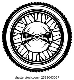 Black and White Motorcycle Wheel with Spokes and Tire Tread.