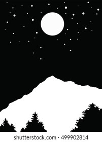 Black and White Mountain and Evergreen Trees under a Full Moon and Sky with Stars. Vector hand drawn simple minimalist nature outdoor adventure landscape illustration.