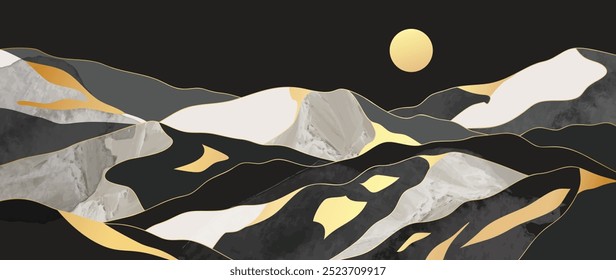 Fondo de pantalla de las artes y de la luna de la línea del oro de la montaña en blanco y negro, diseño lujoso del fondo del paisaje para la cubierta, fondo de la invitación, diseño de empaquetado, tela, e impresión. Ilustración vectorial.