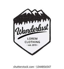 Black and white mountain hand drawn illustration. Grunge texture logo template.