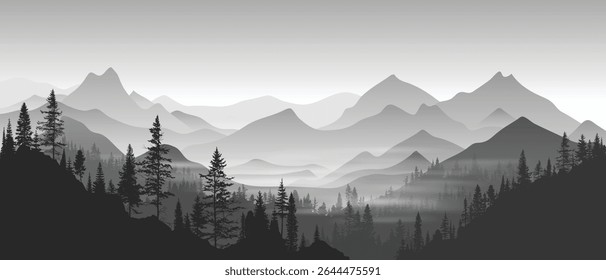 Schwarz-weiße Berglandschaft mit Wald, Morgennebel, Vektorgrafik, Panoramablick