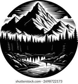 Paisagem de Montanha Preto e Branco com Floresta e Rio