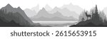 Black and white mountain landscape, lake and forest, deer on a rock, panoramic view, vector illustration