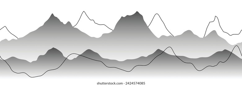 Black and white mountain landscape, minimalism, seamless border, panoramic view