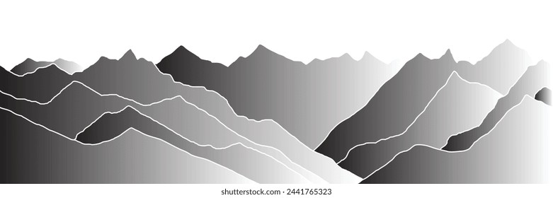 Black and white mountain landscape, minimalism, panoramic view