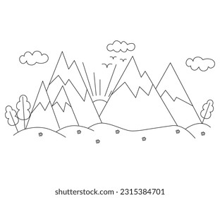 black and white mountain landscape in one line, the logo of mountain travel