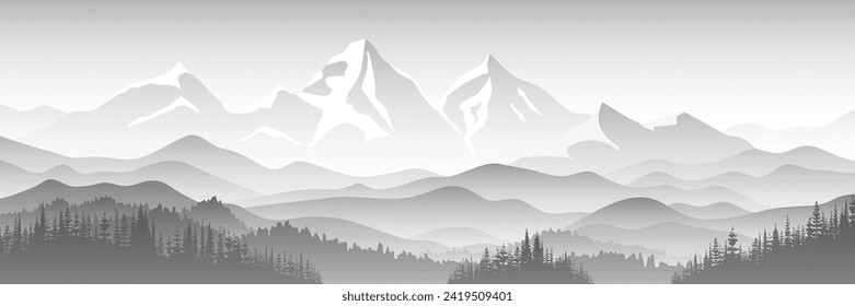 Black and white mountain landscape, panoramic view, vector illustration