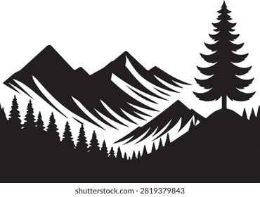 Black and white mountain landscape with pine trees