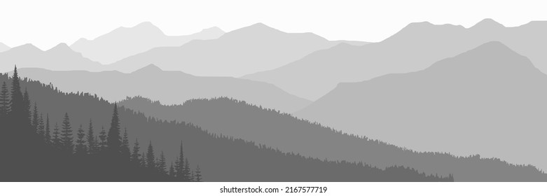 Black and white mountain landscape, mountain ranges in haze, panoramic view