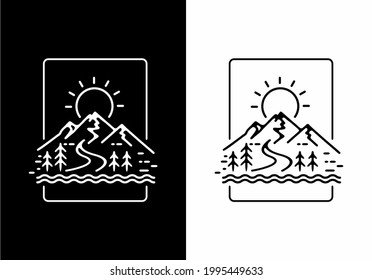 Black and white mountain landscape in rectangle badge design
