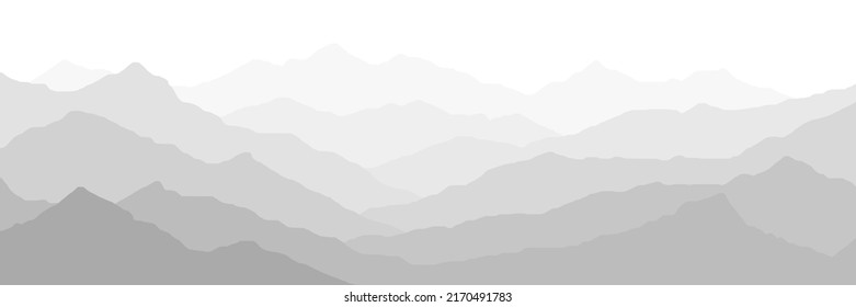 Black and white mountain landscape, ridges in the fog, panoramic view