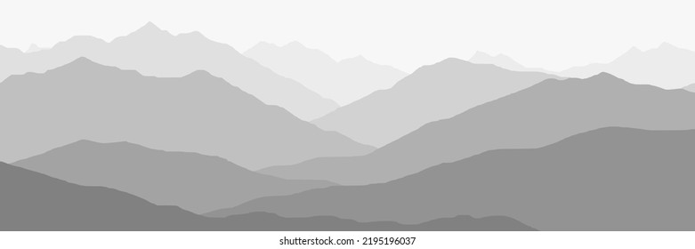 Black and white mountain landscape, ridges in the fog, panoramic view