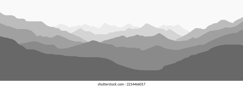Black and white mountain landscape, ridges in the fog, panoramic view