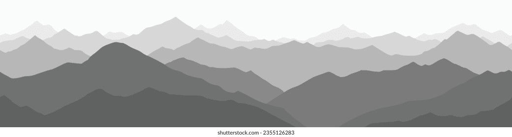 Black and white mountain landscape, ridges in the fog, seamless border, panoramic view