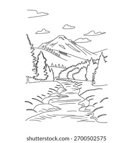 Paisaje de montaña en blanco y negro con árboles de río y nubes en estilo de arte en línea perfecto para la naturaleza y las ilustraciones al aire libre