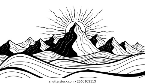 Paisagem de montanha preto e branco com sol e padrões ondulados ao nascer do sol