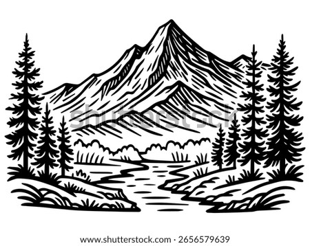 Black and White Mountain Landscape Vector, Bold Line Art Forest and River Illustration