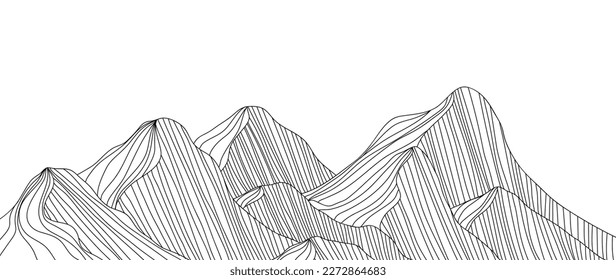 Papel pintado de arte de la línea de montaña en blanco y negro. Dibujo de contorno diseño de fondo de paisaje panorámico de lujo para cubierta, fondo de invitación, diseño de embalaje, tela, banner e impresión.