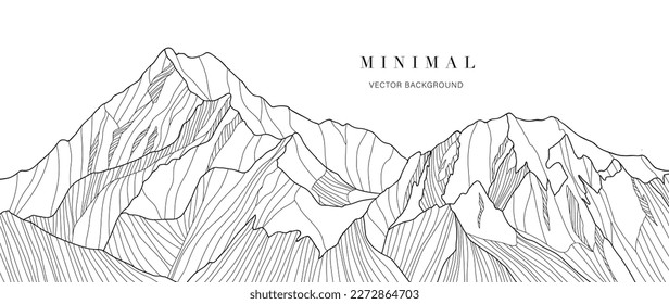 Papel pintado de arte de la línea de montaña en blanco y negro. Dibujo de contorno diseño de fondo de paisaje panorámico de lujo para cubierta, fondo de invitación, diseño de embalaje, tela, banner e impresión.