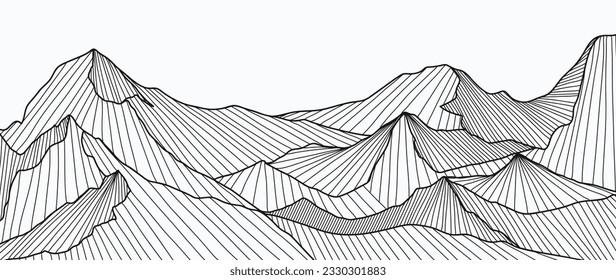 Black and white mountain line art wallpaper. Contour drawing luxury scenic landscape background design illustration for cover, invitation background, packaging design, fabric, banner and print.