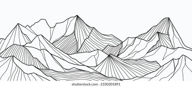 Papel pintado de arte de la línea de montaña en blanco y negro. Dibujo de contorno diseño de fondo de paisaje panorámico de lujo para cubierta, fondo de invitación, diseño de embalaje, tela, banner e impresión.