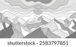 Black and white mountain line arts wallpaper, imitation of mountain ranges, clouds and sun, vector background, minimalism