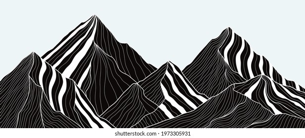 Black and white mountain line arts wallpaper, luxury landscape background design for cover, invitation background, packaging design, fabric, and print. Vector illustration.