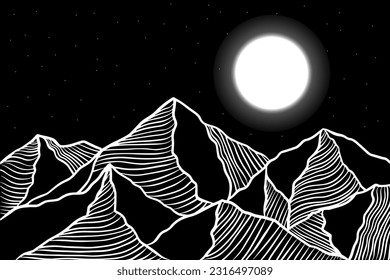black and white mountain line arts and full moon illustration
