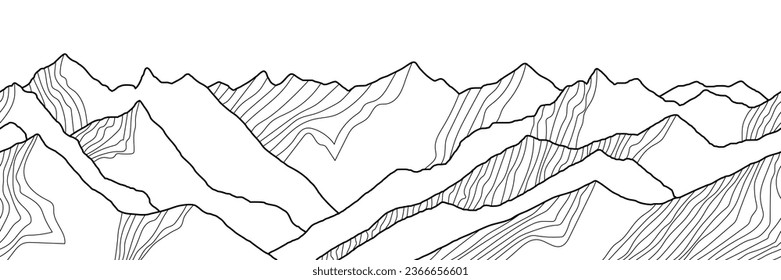 Black and white mountain line arts wallpaper, seamless border, imitation of mountain ranges, vector background, minimalism