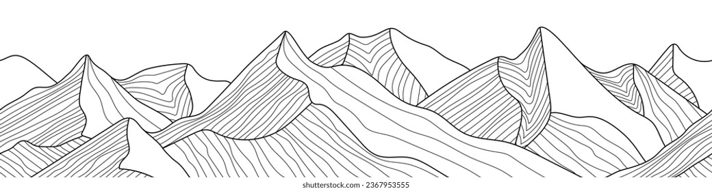 Black and white mountain line arts wallpaper, seamless border, imitation of mountain ranges, vector background, minimalism