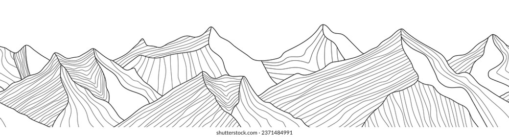 Papel tapiz de las artes de la línea de montaña en blanco y negro, borde sin fisuras, imitación de cordones de montaña, fondo vectorial, minimalismo